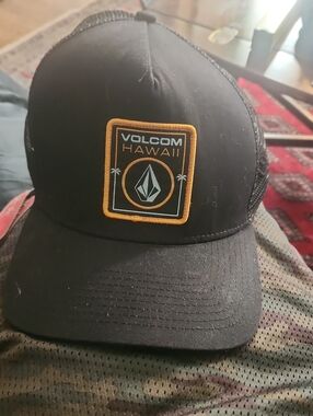 Volcom Black Trucker Hat with Yellow Trim Patch Hawaii